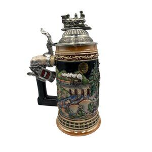 Handcrafted German King-Werk Collectible Stein With Train Design & Pewter Lid